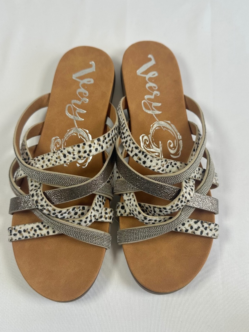 Very G Leopard Silver Metallic Strappy Sandals Women's Brown Sole Size 8